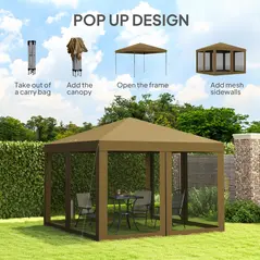 Outsunny 3 x 3 m Pop Up Gazebo, 420D Garden Tent Canopy with Removable Mesh Sidewall Netting, Carry Bag for Garden Patio Outdoor, Khaki - 4