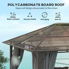 Outsunny 3 x 3.6m Hardtop Gazebo Canopy with Polycarbonate Roof Garden Pavilion with Removable Curtains and Steel Frame, Dark Grey - 4