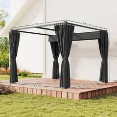 Outsunny 3 x 3(m) Retractable Pergola, Garden Gazebo Shelter with Curtains, for Grill, Patio, Deck, Charcoal Grey - 2