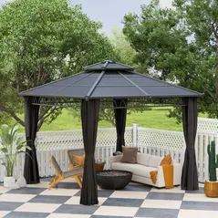 Outsunny 3 x 3 (m) Outdoor Polycarbonate Gazebo, Double Roof Hard Top Gazebo with Galvanised Steel Frame, Nettings & Curtains for Garden, Lawn, Patio and Deck, Dark Grey - 8