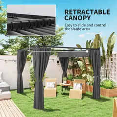 Outsunny 3 x 3(m) Retractable Pergola, Garden Gazebo Shelter with Curtains, for Grill, Patio, Deck, Charcoal Grey - 4