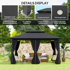 Outsunny 3 x 4m Steel Gazebo, with Curtains - Black - 5