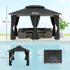 Outsunny 3 x 4m Steel Gazebo, with Curtains - Black - 3