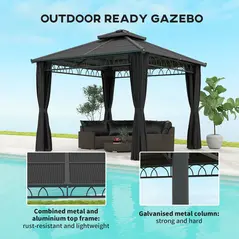 Outsunny 3 x 3 (m) Outdoor Polycarbonate Gazebo, Double Roof Hard Top Gazebo with Galvanised Steel Frame, Nettings & Curtains for Garden, Lawn, Patio and Deck, Dark Grey - 6