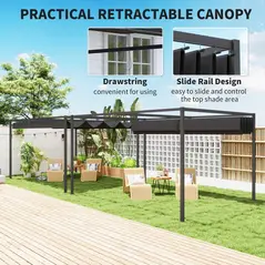 Outsunny 4 x 3m Metal Pergola, with Retractable Canopy Roof - Black - 5