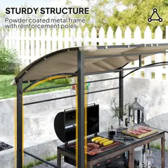 Outsunny 2.2 x 1.5 m BBQ Grill Gazebo Tent, Garden Grill with Metal Frame, Curved Canopy and 10 Hooks, Outdoor Sun Shade, Khaki - 6
