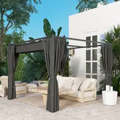 Outsunny 3 x 3(m) Retractable Pergola, Garden Gazebo Shelter with Curtains, for Grill, Patio, Deck, Charcoal Grey - 9
