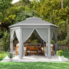 Outsunny 3 x 4m Garden Gazebo Hexagon Pop Up Gazebo Party Tent Canopy Double Roof Instant Shelter with Netting and Carry Bag for Outdoor Patio, Dark Grey - 8