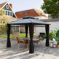 Outsunny 3 x 3 (m) Outdoor Polycarbonate Gazebo, Double Roof Hard Top Gazebo with Galvanised Steel Frame, Nettings & Curtains for Garden, Lawn, Patio and Deck, Dark Grey - 2