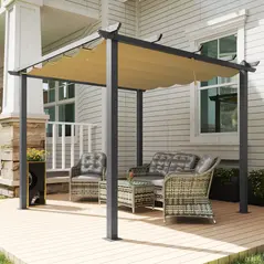 Outsunny 3 x 3m Aluminium Pergola, with Retractable Roof - Khaki - 2