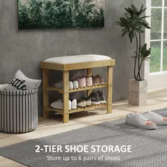 HOMCOM Bamboo Shoe Storage Bench, 3-Tier Shoe Bench with Seat Cushion, Shoe Rack for Entryway, Hallway, Living Room, Bedroom, Cream White - 5