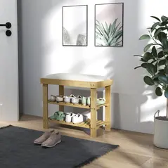 HOMCOM Bamboo Shoe Storage Bench, 3-Tier Shoe Bench with Seat Cushion, Shoe Rack for Entryway, Hallway, Living Room, Bedroom, Cream White - 9