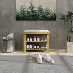 HOMCOM Bamboo Shoe Storage Bench, 3-Tier Shoe Bench with Seat Cushion, Shoe Rack for Entryway, Hallway, Living Room, Bedroom, Cream White - 8
