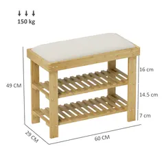 HOMCOM Bamboo Shoe Storage Bench, 3-Tier Shoe Bench with Seat Cushion, Shoe Rack for Entryway, Hallway, Living Room, Bedroom, Cream White - 3