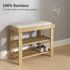 HOMCOM Bamboo Shoe Storage Bench, 3-Tier Shoe Bench with Seat Cushion, Shoe Rack for Entryway, Hallway, Living Room, Bedroom, Cream White - 6
