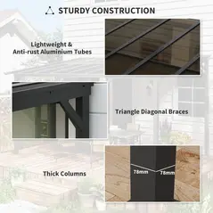 Outsunny 3 x 4.3m Metal Pergola with UPF 50+ and Waterproof Polycarbonate Roof, Wall-Mounted or Free Standing Garden Gazebo, Wind-resistant Outdoor Sun Shade, Dark Grey - 8