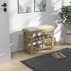 HOMCOM Bamboo Shoe Storage Bench, 3-Tier Shoe Bench with Seat Cushion, Shoe Rack for Entryway, Hallway, Living Room, Bedroom, Cream White - 2