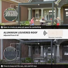 Outsunny 3 x 3(m) Electric Louvered Pergola with LED Lights, Aluminium Pergola Hardtop Gazebo with Remote, Adjustable Roof and Drainage System, Water and UV Proof - 5