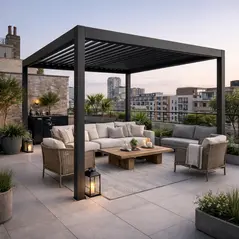 Outsunny 3 x 3(m) Electric Louvered Pergola with LED Lights, Aluminium Pergola Hardtop Gazebo with Remote, Adjustable Roof and Drainage System, Water and UV Proof - 2