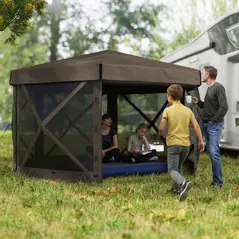 Outsunny 3 x 3(m) Hexagon Pop Up Gazebo with 5 Sides and Carry Bag, Waterproof, UV Resistant Party Tent Instant Event Shelter with Netting for Garden, Patio, Brown - 2