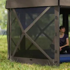 Outsunny 3 x 3(m) Hexagon Pop Up Gazebo with 5 Sides and Carry Bag, Waterproof, UV Resistant Party Tent Instant Event Shelter with Netting for Garden, Patio, Brown - 9