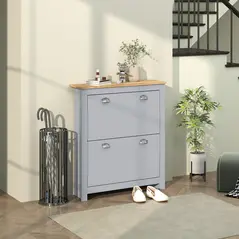 HOMCOM 2 Drawer Shoe Cabinet Modern Narrow Shoe Cupboard Hallway Wooden Storage Organiser with Flip Doors Adjustable Shelf for 6-12 Pairs, Grey - 2