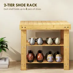 HOMCOM Two Shelf Bamboo Shoe Storage Bench - Natural Finish - 4