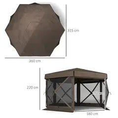 Outsunny 3 x 3(m) Hexagon Pop Up Gazebo with 5 Sides and Carry Bag, Waterproof, UV Resistant Party Tent Instant Event Shelter with Netting for Garden, Patio, Brown - 3