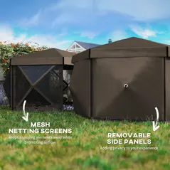 Outsunny 3 x 3(m) Hexagon Pop Up Gazebo with 5 Sides and Carry Bag, Waterproof, UV Resistant Party Tent Instant Event Shelter with Netting for Garden, Patio, Brown - 5