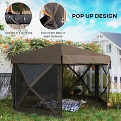 Outsunny 3 x 3(m) Hexagon Pop Up Gazebo with 5 Sides and Carry Bag, Waterproof, UV Resistant Party Tent Instant Event Shelter with Netting for Garden, Patio, Brown - 4