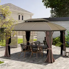 Outsunny 3.65 x 3(m) Hardtop Steel Gazebo Canopy with Aluminium Frame, Double Roof, Net Sidewalls and Curtains, Coffee - 9