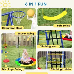 AIYAPLAY 6 in 1 Metal Kids Swing Set with 3 Swings, Climbing Ladder & Net, Basketball Hoop, for Ages 3-8 - 4