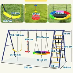 AIYAPLAY 6 in 1 Metal Kids Swing Set with 3 Swings, Climbing Ladder & Net, Basketball Hoop, for Ages 3-8 - 3