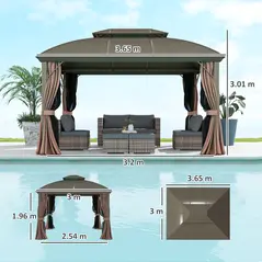 Outsunny 3.65 x 3(m) Hardtop Steel Gazebo Canopy with Aluminium Frame, Double Roof, Net Sidewalls and Curtains, Coffee - 3