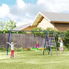 AIYAPLAY 6 in 1 Metal Kids Swing Set with 3 Swings, Climbing Ladder & Net, Basketball Hoop, for Ages 3-8 - 2