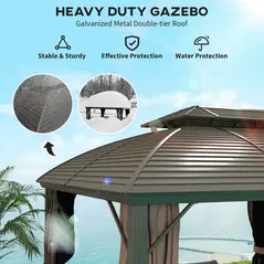 Outsunny 3.65 x 3(m) Hardtop Steel Gazebo Canopy with Aluminium Frame, Double Roof, Net Sidewalls and Curtains, Coffee - 4