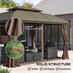 Outsunny 3.65 x 3(m) Hardtop Steel Gazebo Canopy with Aluminium Frame, Double Roof, Net Sidewalls and Curtains, Coffee - 5