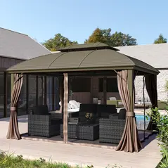 Outsunny 3.65 x 3(m) Hardtop Steel Gazebo Canopy with Aluminium Frame, Double Roof, Net Sidewalls and Curtains, Coffee - 2