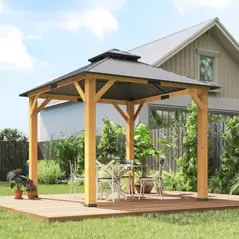 Outsunny 3x(3)M Outdoor Hardtop Gazebo Canopy with 2-Tier Roof and Solid Wood Frame, Outdoor Patio Shelter for Patio, Garden, Grey - 2