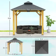 Outsunny 3x(3)M Outdoor Hardtop Gazebo Canopy with 2-Tier Roof and Solid Wood Frame, Outdoor Patio Shelter for Patio, Garden, Grey - 3