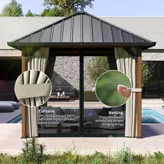 Outsunny 3 x 3(m) Hardtop Gazebo with Galvanised Steel Roof and Water Gutter, Waterproof Permanent Pavilion Garden Gazebo with Netting and Curtains for Patio, Deck, Walnut Wood Finish - 7