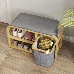 HOMCOM Bamboo Shoe Rack Bench with Padded Seat - Nature Wood Finish - 7