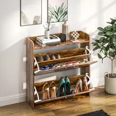HOMCOM Two Flip Drawer Narrow Shoe Cabinet with Adjustable Shelves - Rustic Brown - 9