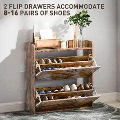 HOMCOM Two Flip Drawer Narrow Shoe Cabinet with Adjustable Shelves - Rustic Brown - 4