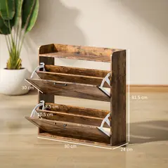 HOMCOM Two Flip Drawer Narrow Shoe Cabinet with Adjustable Shelves - Rustic Brown - 3
