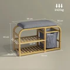 HOMCOM Bamboo Shoe Rack Bench with Padded Seat - Nature Wood Finish - 3