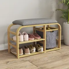 HOMCOM Bamboo Shoe Rack Bench with Padded Seat - Nature Wood Finish - 2