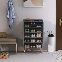 HOMCOM Modern Shoe Cabinet with 2 Doors, Open Shelf and Adjustable Shelves, 15 Pair Hallway Shoe Cupboard, Entryway Storage Unit, Light Grey - 8