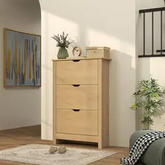 HOMCOM Slim Shoe Cabinet, Narrow Shoe Cupboard with 3 Drawers, Adjustable Shelves for 18 Pairs of Shoes, Natural Wood Finish - 2