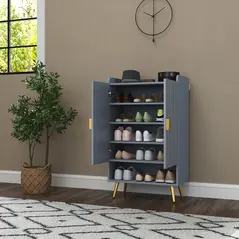 HOMCOM Modern Shoe Cabinet with 2 Doors, Open Shelf and Adjustable Shelves, 15 Pair Hallway Shoe Cupboard, Entryway Storage Unit, Light Grey - 2